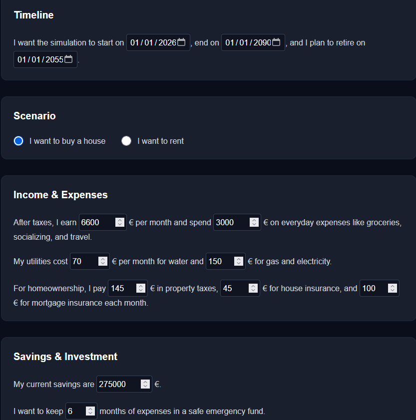 Financial parameters input form